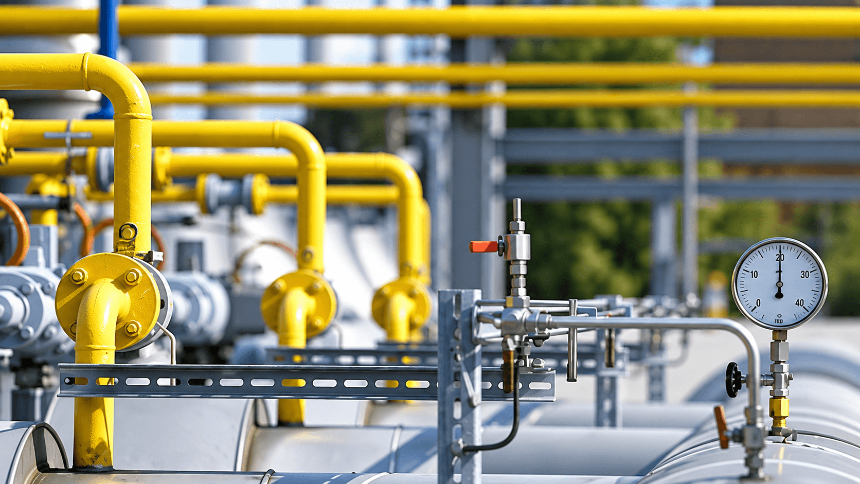 Impianto della rete gas con tubazioni gialle e manometro